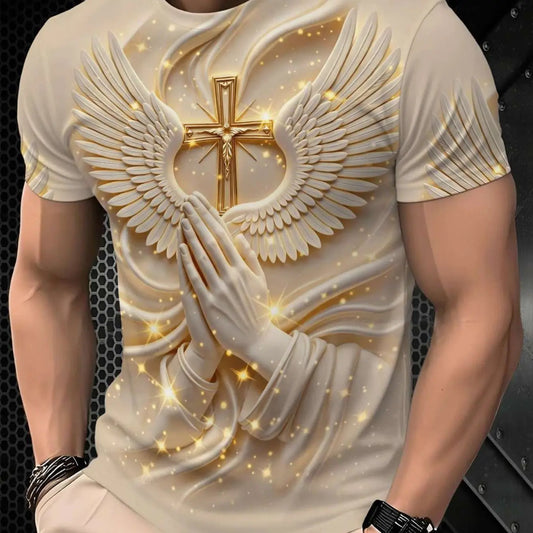 Men's Religious Prayer Angel Wings Cross 3D High Definition Graphic Print T-Shirt, Round Neck Short Sleeve Slim-Fit Summer Streetwear Stylish Tee