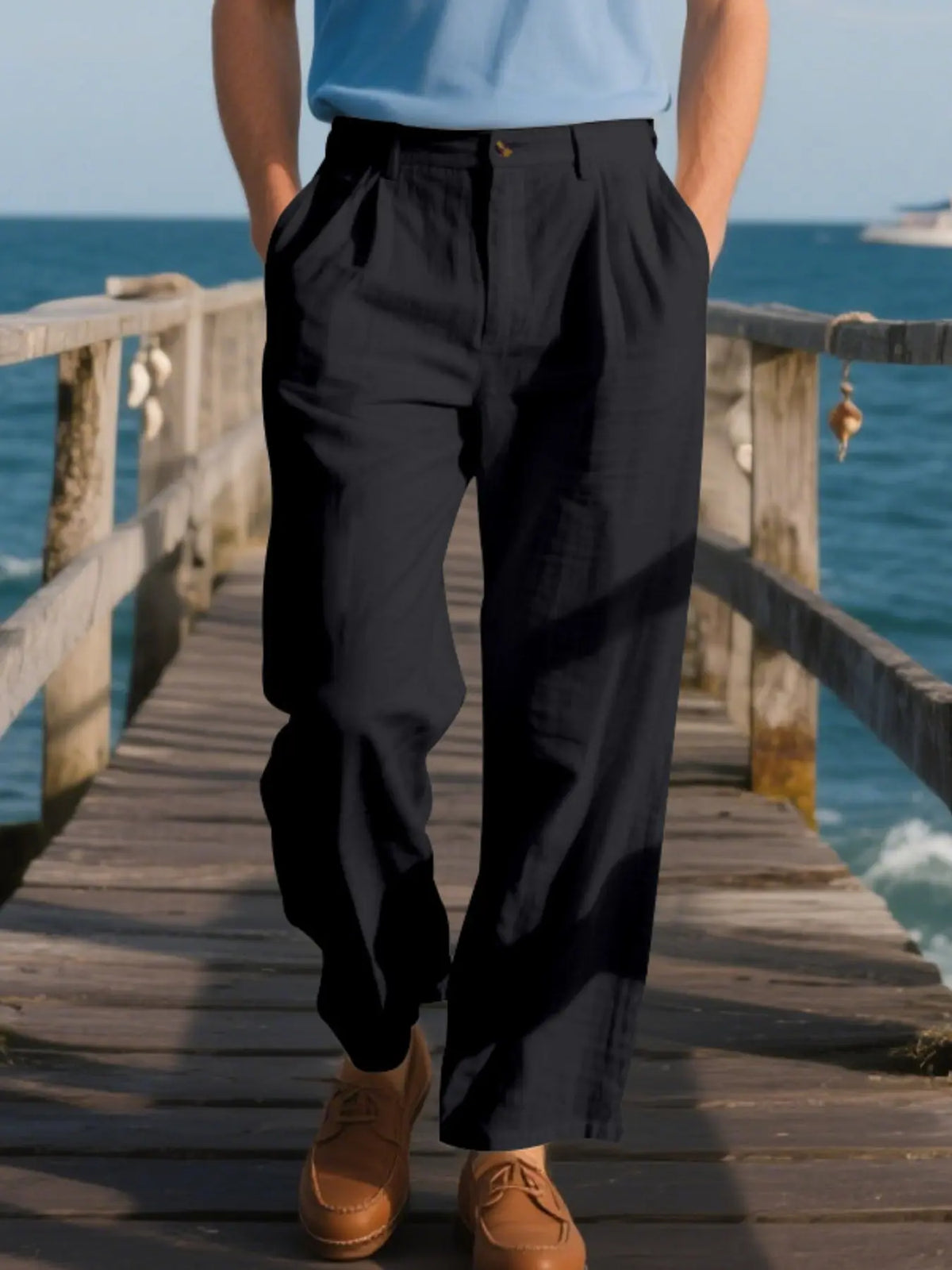 Men's Pleated Linen Breathable Straight Leg, Single Button Front, Loose Fit, Relaxed Fit, Beach Vacation, Business, Solid Color, Multicolor, Button Front Trousers