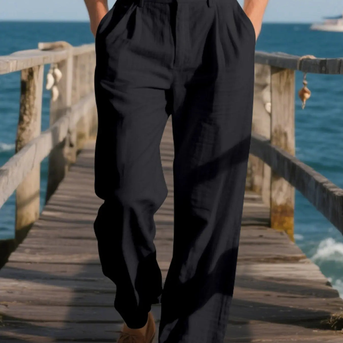 Men's Pleated Linen Breathable Straight Leg, Single Button Front, Loose Fit, Relaxed Fit, Beach Vacation, Business, Solid Color, Multicolor, Button Front Trousers