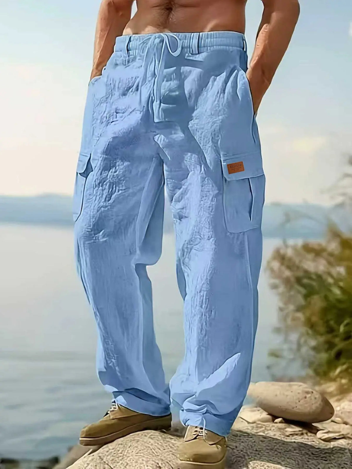Men's Workwear Classic Linen Pants, Drawstring Multi-Pocket Straight Leg, Breathable Plain Casual Pants for Spring & Fall, Outdoor Beach Wear