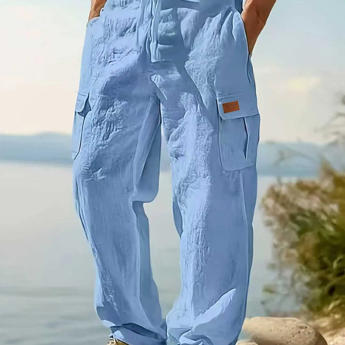 Men's Workwear Classic Linen Pants, Drawstring Multi-Pocket Straight Leg, Breathable Plain Casual Pants for Spring & Fall, Outdoor Beach Wear