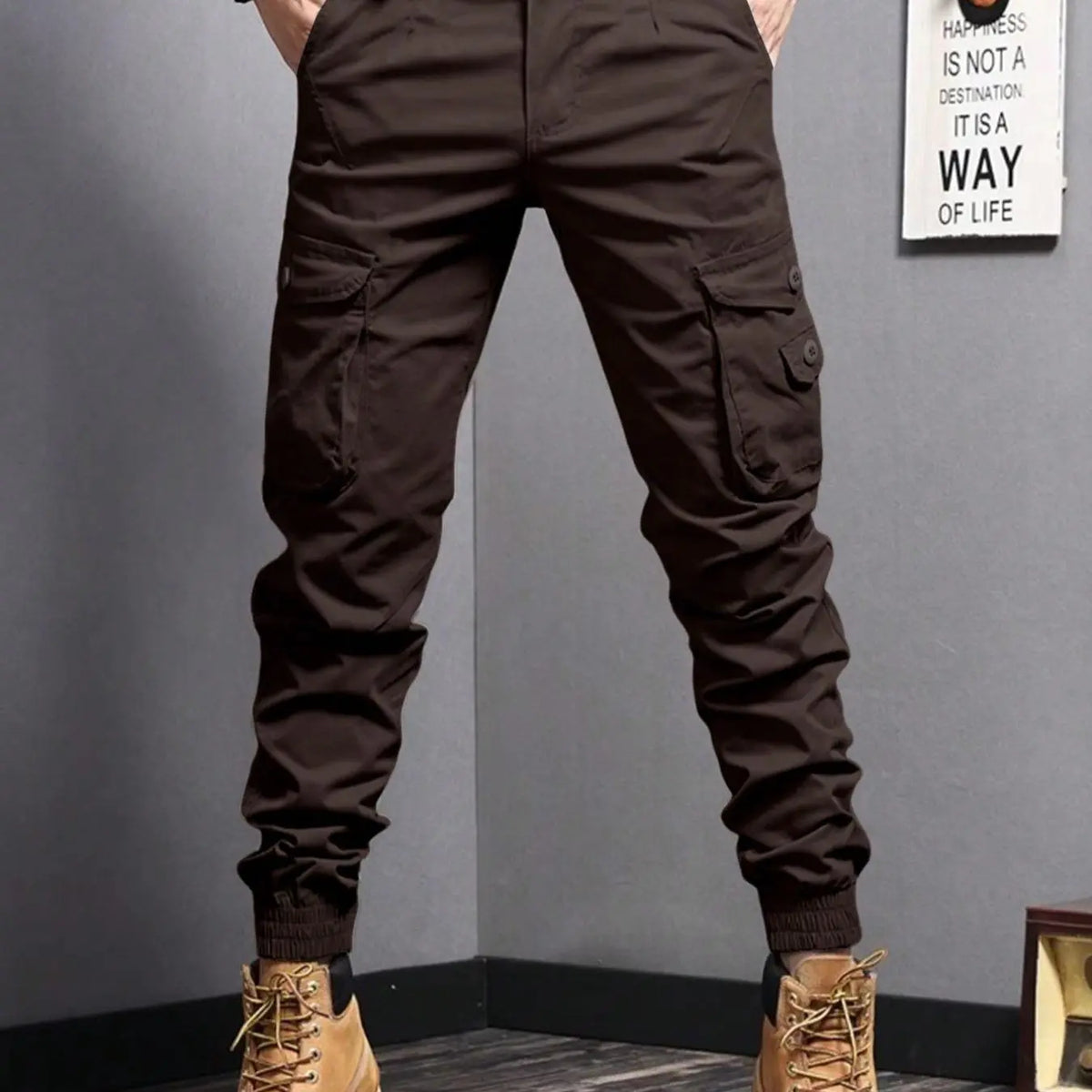 Men's Plain Button Pocket Cargo Pants, Regular Fit Street Fashion Casual Cargo Style Drawstring Waist Jogger Pants For Daily Wear, Woven Bottoms For All Seasons, Drawstring Trousers