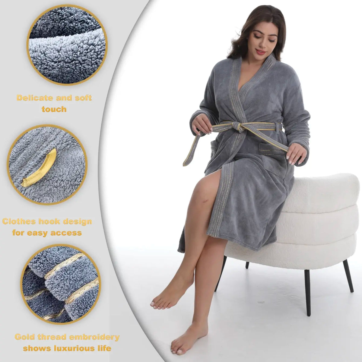 Luxury Gold Thread Soft Bathrobe, Thick Warm Knee-Length, Quick-Dry Absorbent, Spa & Hotel Use, Unisex, Loungewear, Nightwear, Christmas Halloween Gift