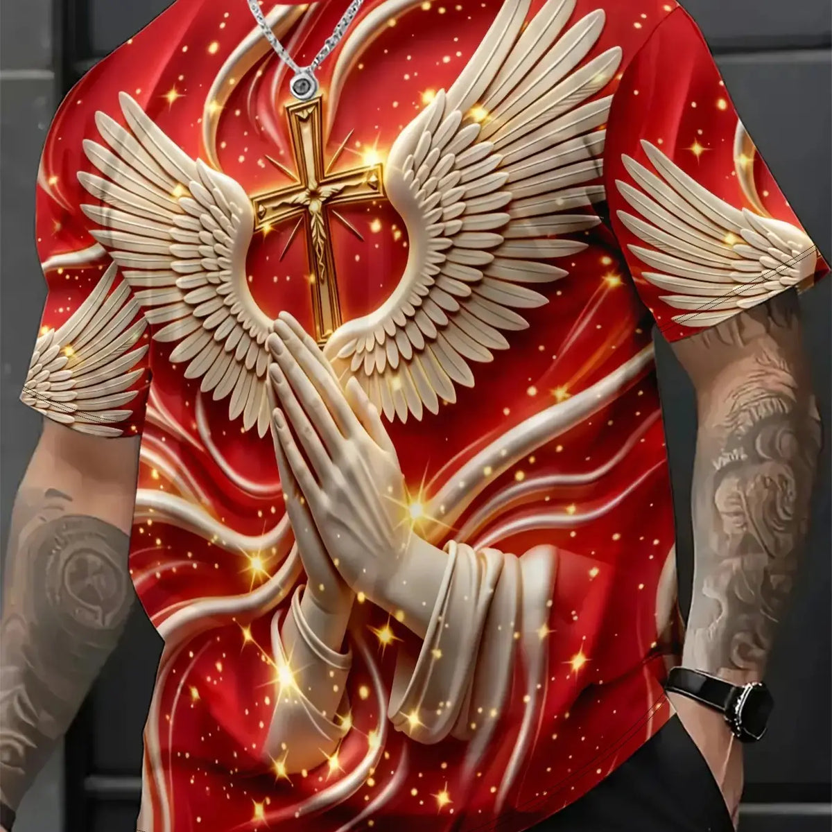 Men's Religious Prayer Angel Wings Cross 3D High Definition Graphic Print T-Shirt, Round Neck Short Sleeve Slim-Fit Summer Streetwear Stylish Tee
