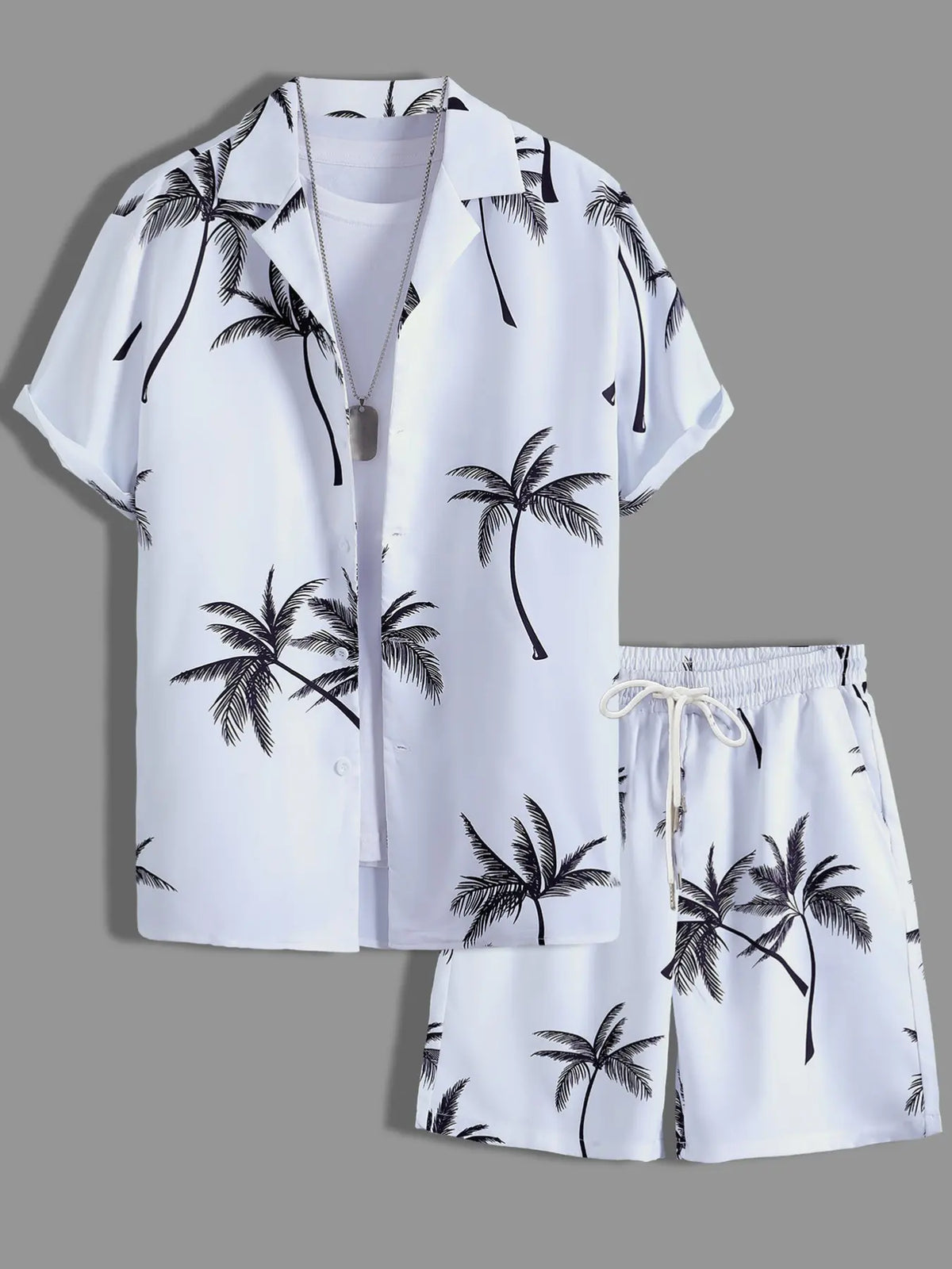 Men's White & Black Tropical Palm Tree Print Loungewear Set, Pajama Set, Pjs, Lounge Sets - Short-Sleeve Button-Up Shirt (Rolled Cuffs) + Drawstring Shorts, Ultra-Soft Smooth Fabric, Relaxed Oversized Fit, Perfect for At-Home Lounging, Pyjamas