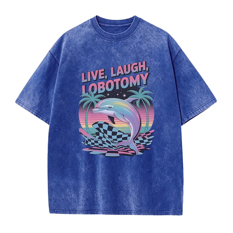 Unisex Live Laugh Lobotomy Knit Fabric Round Neck Short-Sleeve T-Shirt, Adult Humor Funny Dolphin Meme Silly Weird Vintage Graphic Top