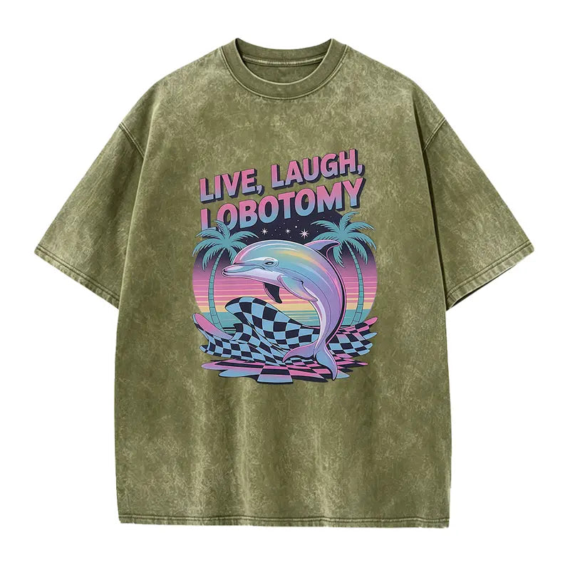 Unisex Live Laugh Lobotomy Knit Fabric Round Neck Short-Sleeve T-Shirt, Adult Humor Funny Dolphin Meme Silly Weird Vintage Graphic Top