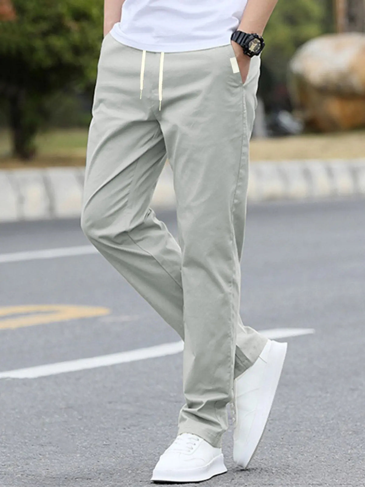Men's Solid Color Drawstring Waist Pants with Side Pockets, Adjustable Waist Trousers, Casual Fitted Trousers for All Seasons, Comfortable Everyday Wear, Casual Elastic Waist, Casual Comfy Fit