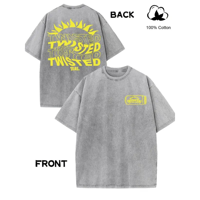 Vintage-Inspired Twisted Tea Cotton Short-Sleeve Tshirt - ,Double-Sided Print, Drop Shoulder Sleeves, 230g Thick High-Quality Fabric, Round Neck, Casual Streetwear Top
