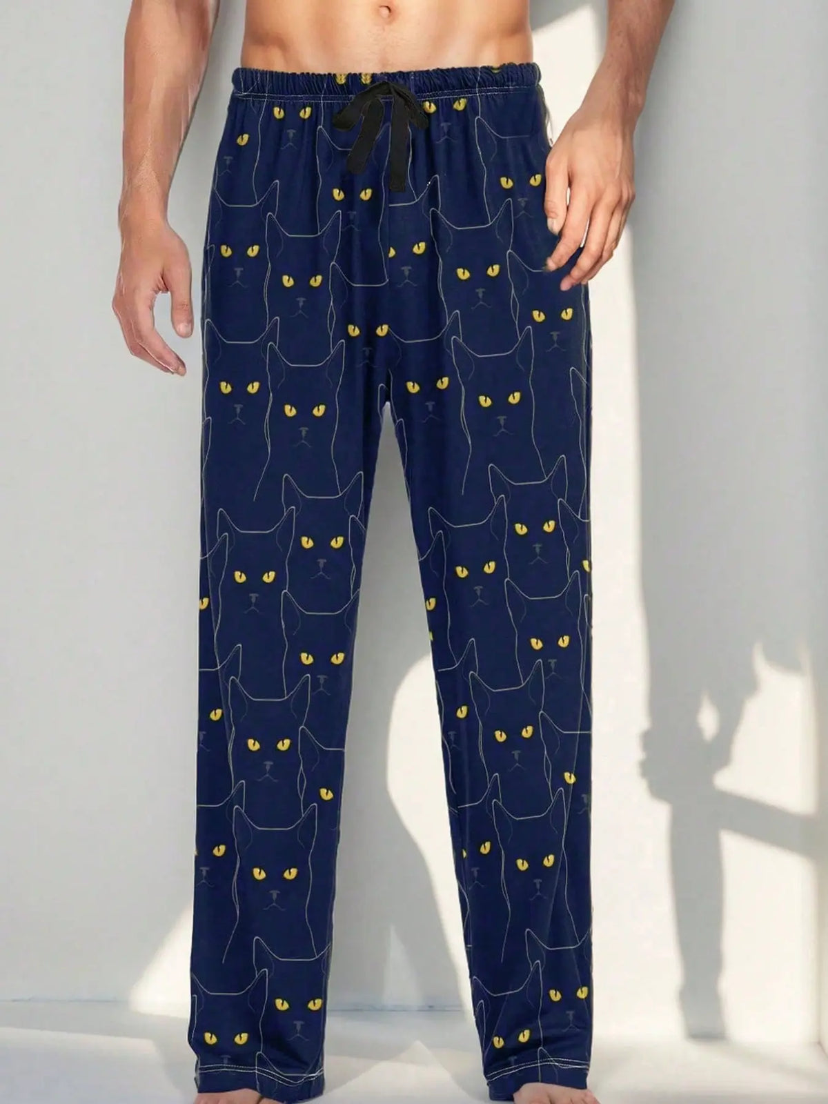 Men's Cat Pattern Sleep Pants, Pajama Bottoms, Casual Home Wear, Polyester Blend Material, Comfortable Spring & Fall Pajamas, Faux Drawstring Waist