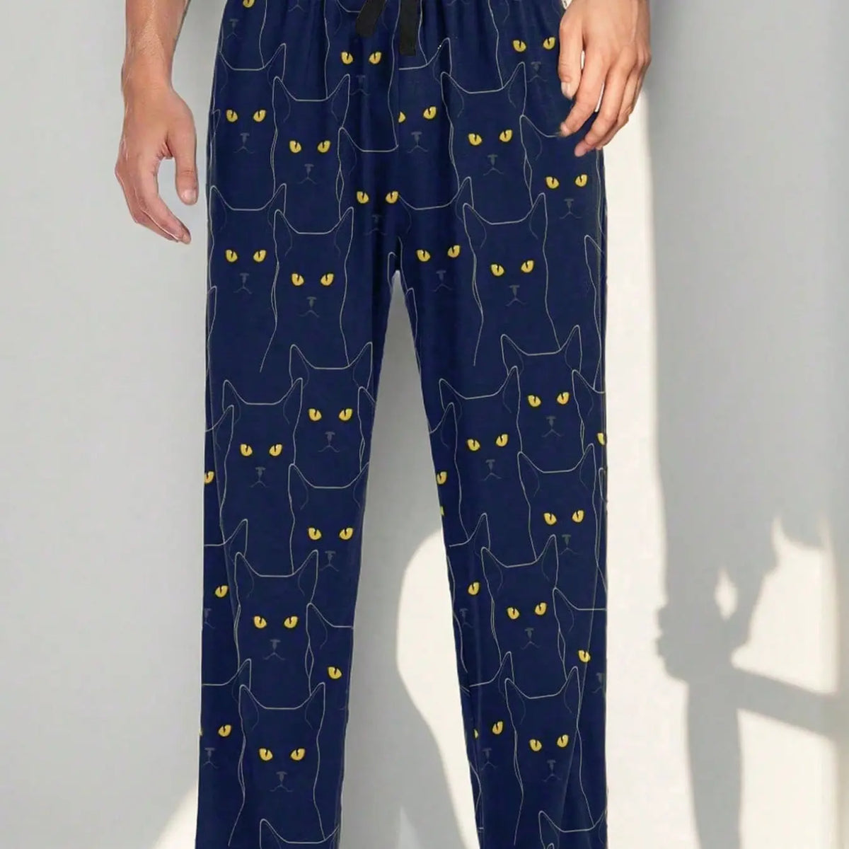 Men's Cat Pattern Sleep Pants, Pajama Bottoms, Casual Home Wear, Polyester Blend Material, Comfortable Spring & Fall Pajamas, Faux Drawstring Waist