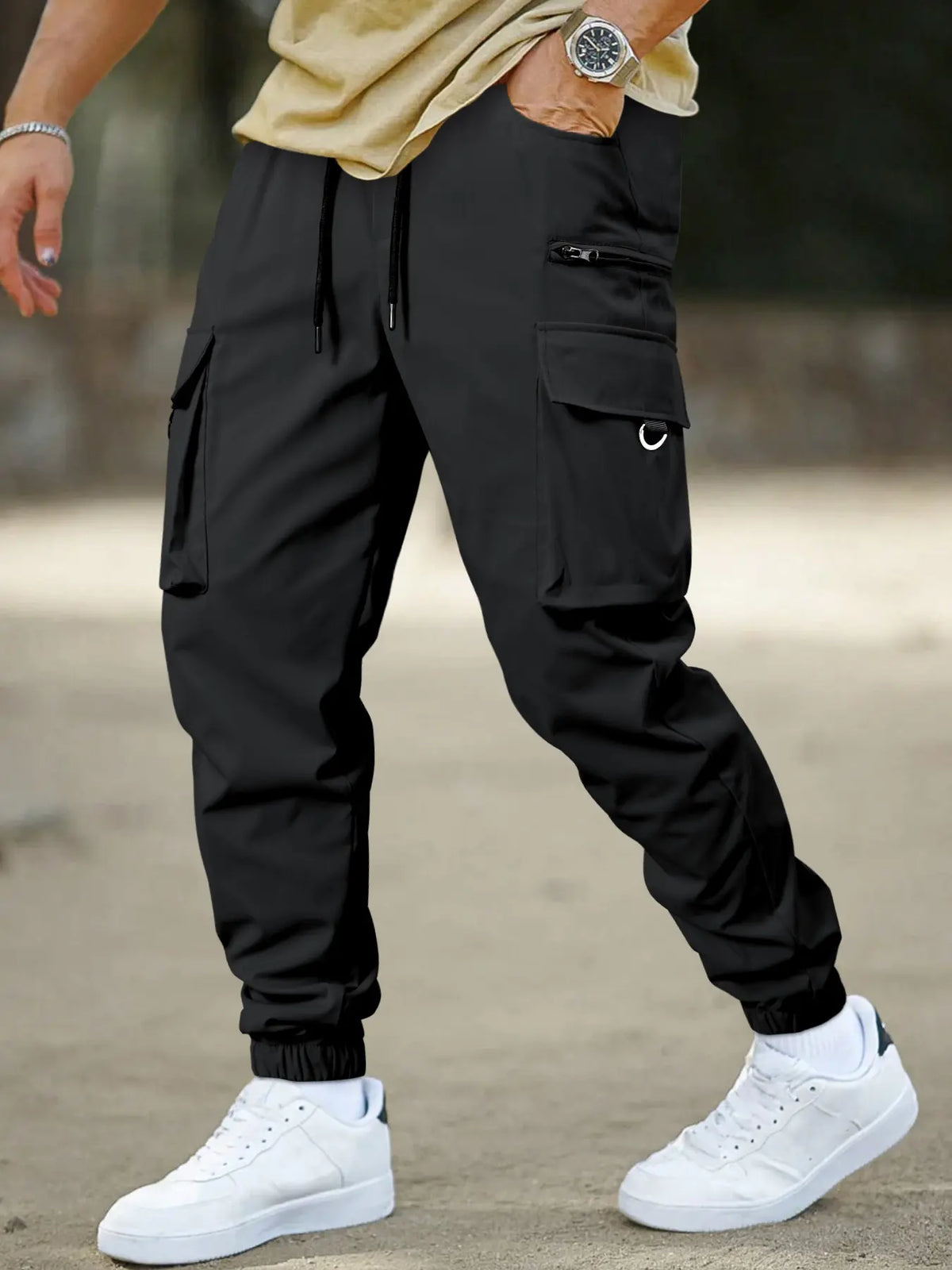 Men's Plain Button Pocket Cargo Pants, Regular Fit Street Fashion Casual Cargo Style Drawstring Waist Jogger Pants For Daily Wear, Woven Bottoms For All Seasons, Drawstring Trousers