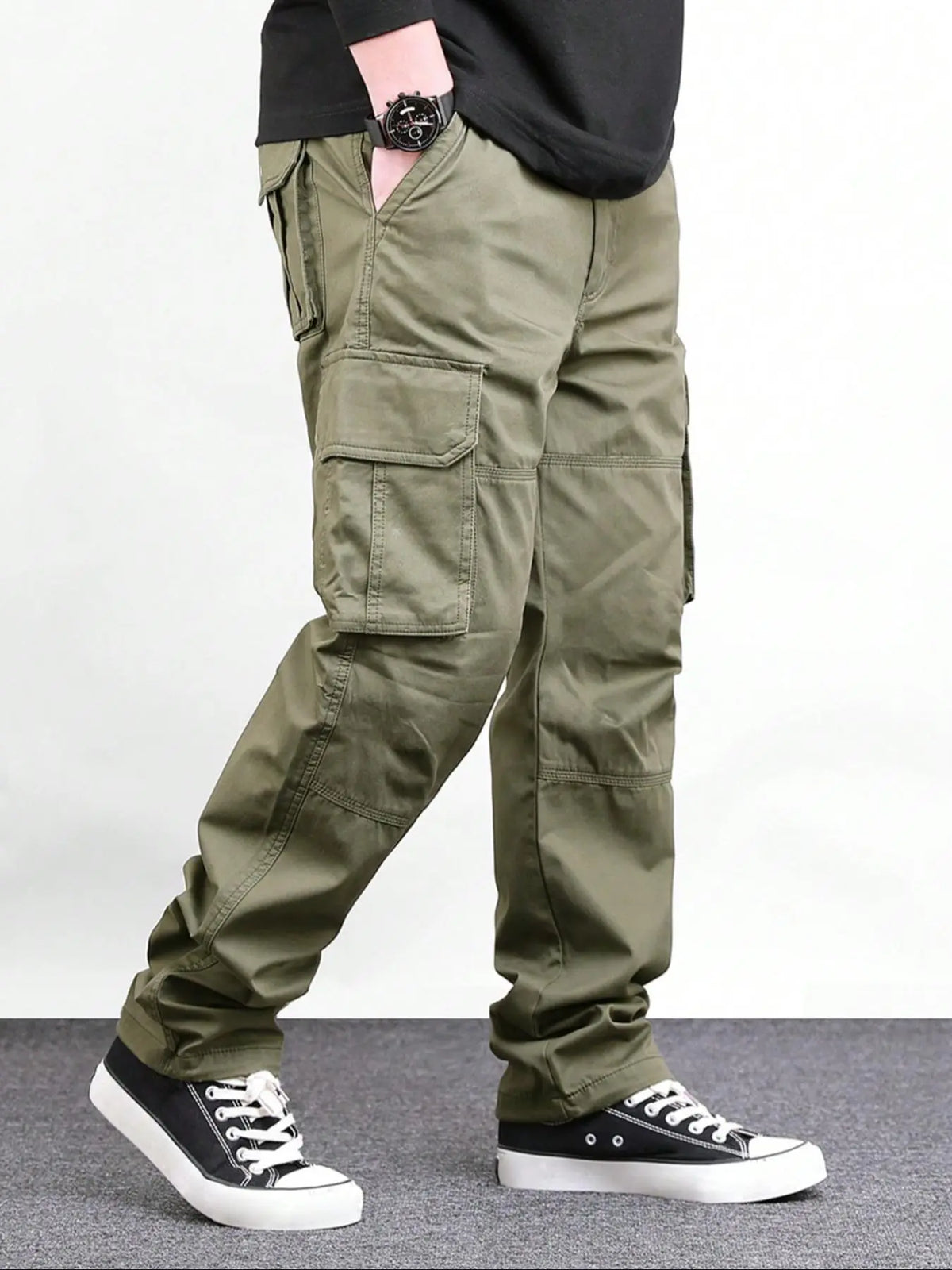 Men's Loose Solid Casual Slant Pocket Drawstring Waist Cargo Pants, Casual Street Style Straight Leg Trousers for Outdoor Hiking Fishing, Woven Bottoms for All Seasons Pants