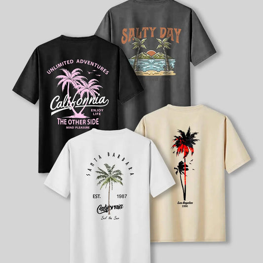 Summer Casual Beach Vibe Style Tropical Coconut Tree Print Top, Unisex Fashion Fitted Casual Graphic Tee T-Shirt Short Sleeve 4-Pack, Comfortable Fit, Perfect for Daily Wear