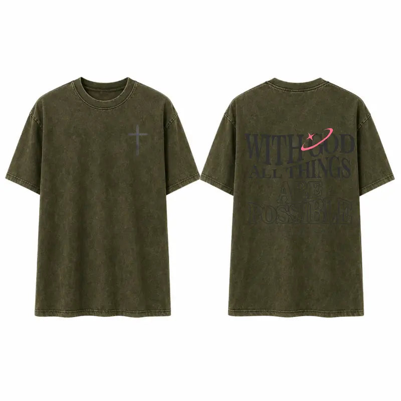 Men's T-shirt 'With God All Things Are Possible' Matthew 26:41 Loose Fit Black with White Lettering Casual Attire High-Quality Fabric for Summer,excellent gifts for Christmas and new year