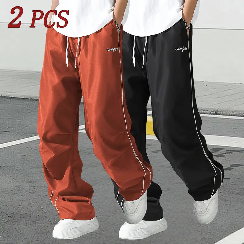 Men's Relaxed Fit Summer Woven Pants - Menswear Sportswear, Lightweight Athletic Fabric, Straight Leg with White Side Stripes, Non-Stretch, Machine Washable 100% Polyester Outdoor Trousers#SummerVibes
