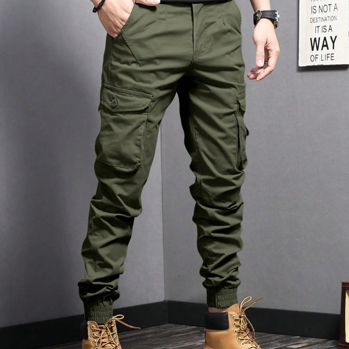 Men's Plain Button Pocket Cargo Pants, Regular Fit Street Fashion Casual Cargo Style Drawstring Waist Jogger Pants For Daily Wear, Woven Bottoms For All Seasons, Drawstring Trousers