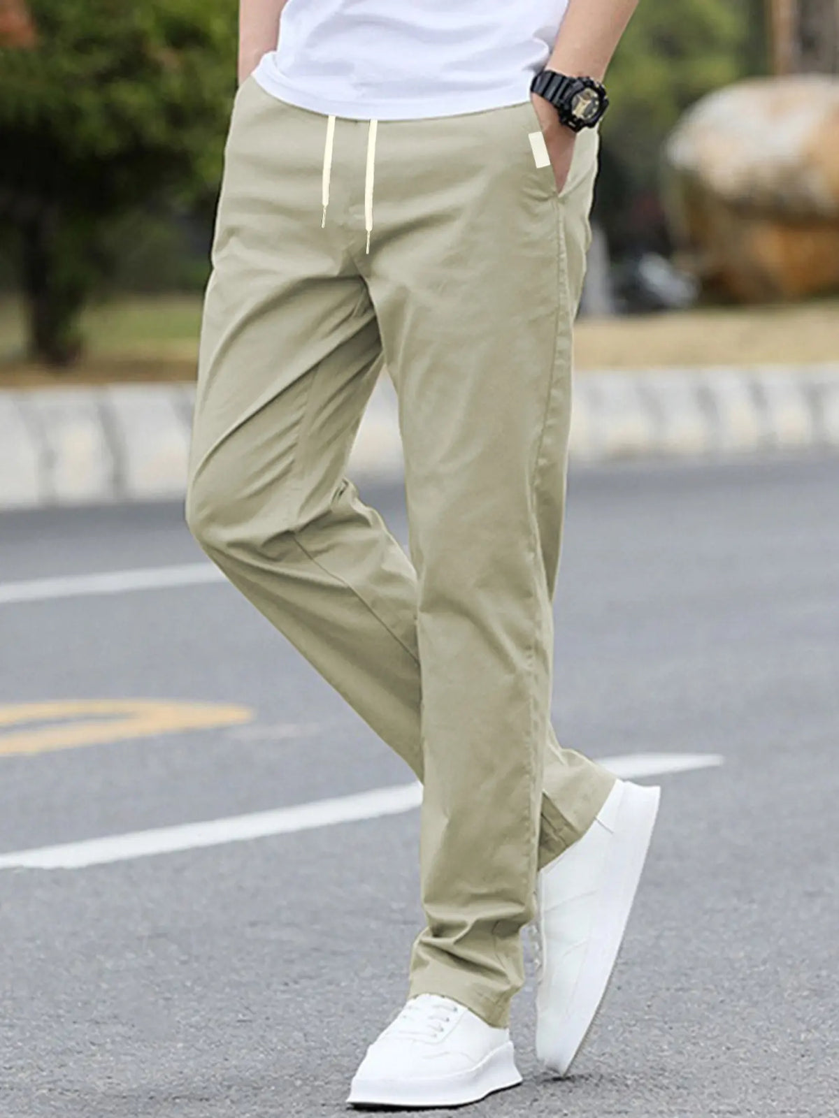 Men's Solid Color Drawstring Waist Pants with Side Pockets, Adjustable Waist Trousers, Casual Fitted Trousers for All Seasons, Comfortable Everyday Wear, Casual Elastic Waist, Casual Comfy Fit