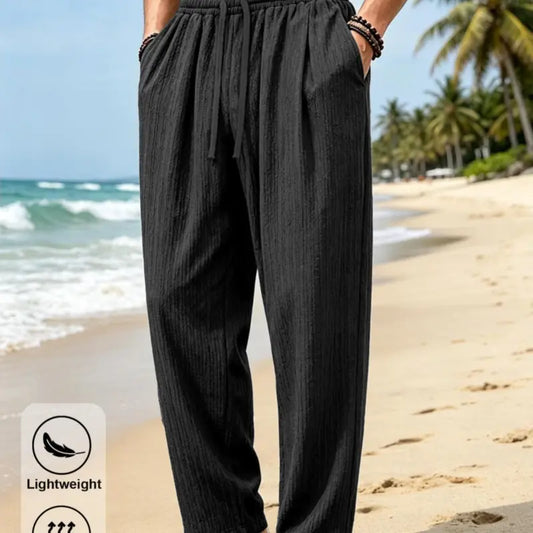 Menswear Straight Loose Casual Beachy Ankle Pants - Quick-Dry Polyester, Elastic Drawstring High Waist, Relaxed Fit, Lightweight Breathable Textured Look, Wrinkle-Free, Side Pockets for Summer Vacation, Travel, M
