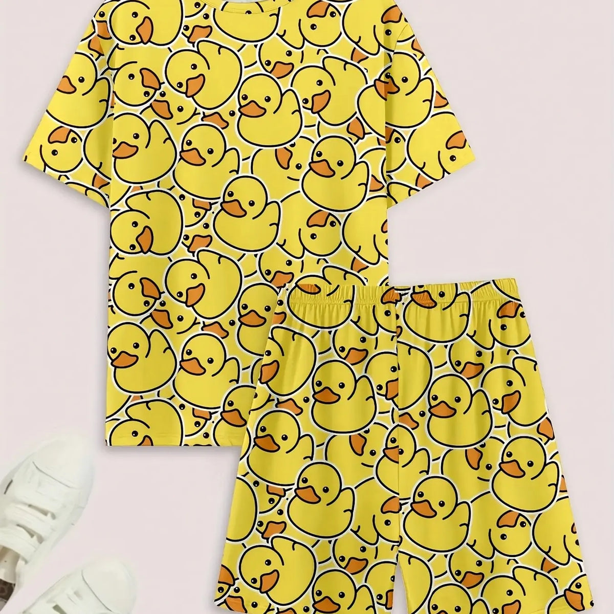 Men's Casual Plaid Sleepwear Set, Loungewear Pajama, Comfortable Polyester and Spandex Blend, Round Neck T-Shirt, Duck Print Shorts, Spring/summer/autumn
