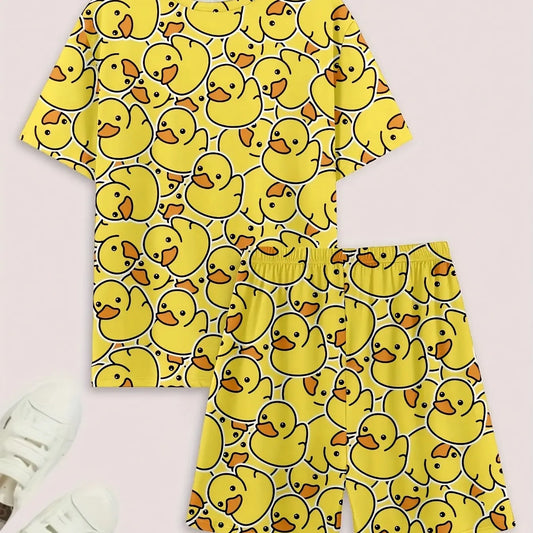 Men's Casual Plaid Sleepwear Set, Loungewear Pajama, Comfortable Polyester and Spandex Blend, Round Neck T-Shirt, Duck Print Shorts, Spring/summer/autumn