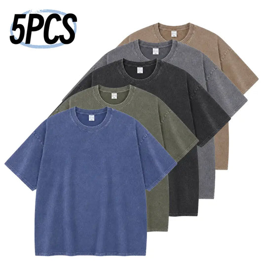 Men's 5-Pack Retro Street Vibe Vintage T-Shirts, Oversized Baggy Street Fit Acid Wash Soft Cotton Fabric, Round Neck Short-Sleeve Menswear Tops, Men's Clothing for Casual Back to School Outfits