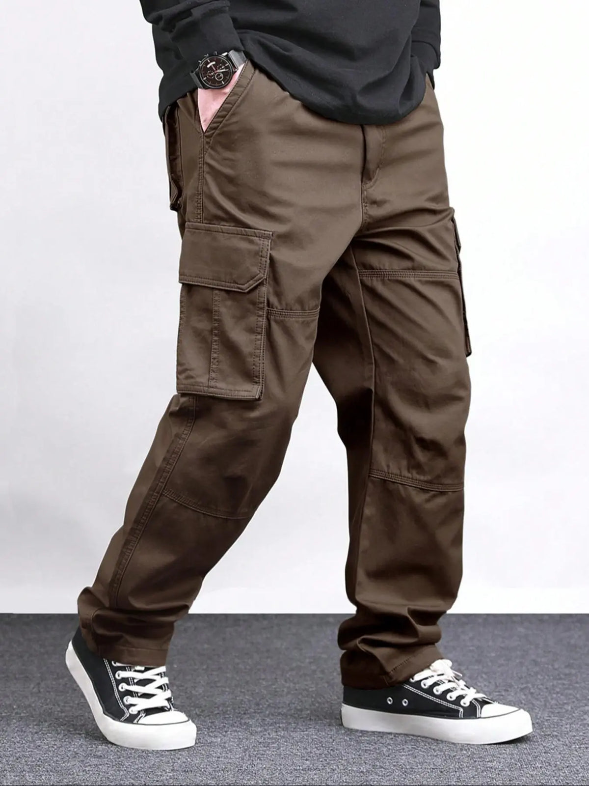 Men's Loose Solid Casual Slant Pocket Drawstring Waist Cargo Pants, Casual Street Style Straight Leg Trousers for Outdoor Hiking Fishing, Woven Bottoms for All Seasons Pants