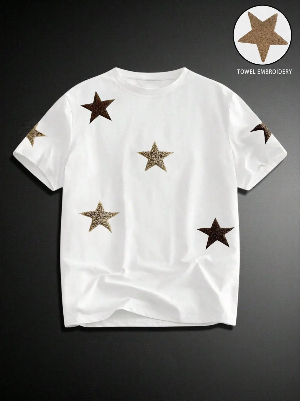 Men's Street Style Star Chenille Embroidery Patch Textured Short Sleeve T-Shirt, Casual Daily Wear, Anniversary Gift, Streetwear Menswear