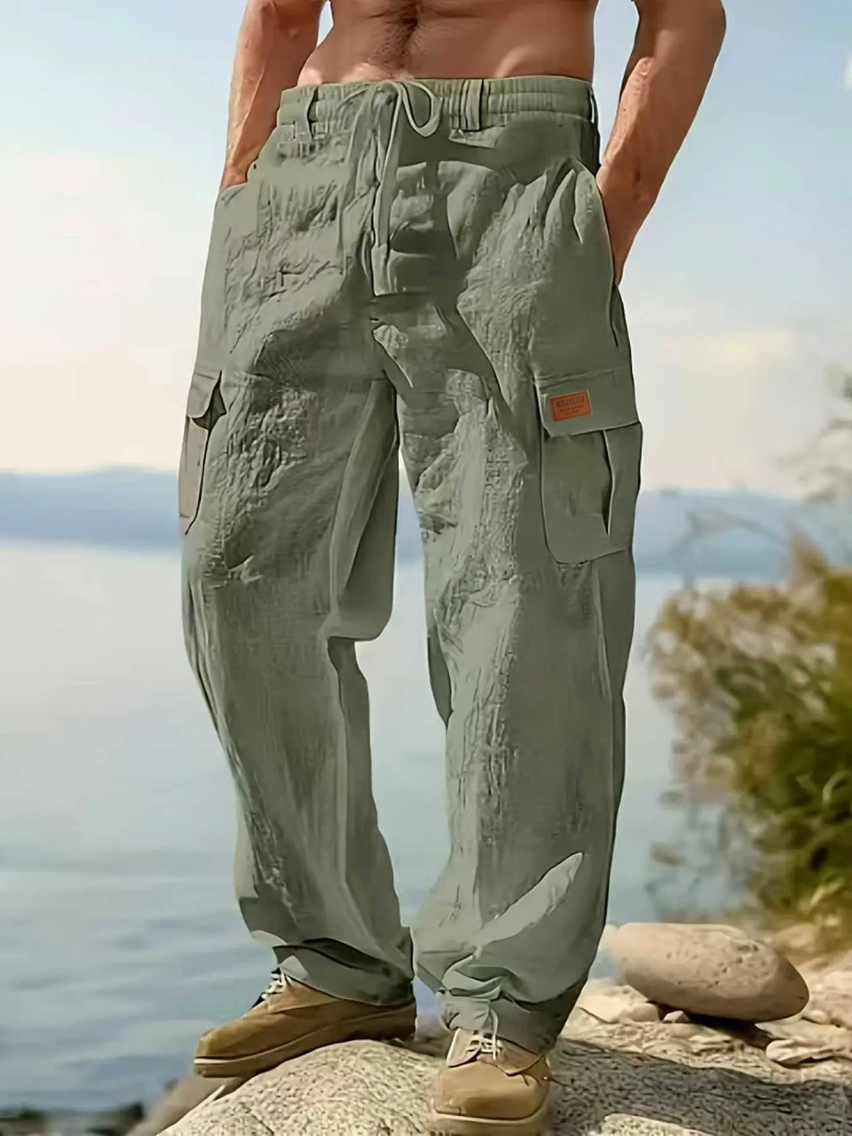 Men's Workwear Classic Linen Pants, Drawstring Multi-Pocket Straight Leg, Breathable Plain Casual Pants for Spring & Fall, Outdoor Beach Wear
