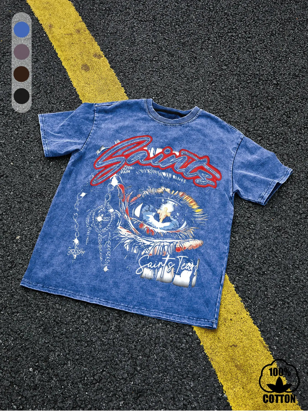 Men's 100% Cotton "Saint Tears" Graphic T-Shirt, Vintage-Wash Loose Fit Eye and Chain Design, Breathable Summer Casual Streetwear Top, Casual Style Tee