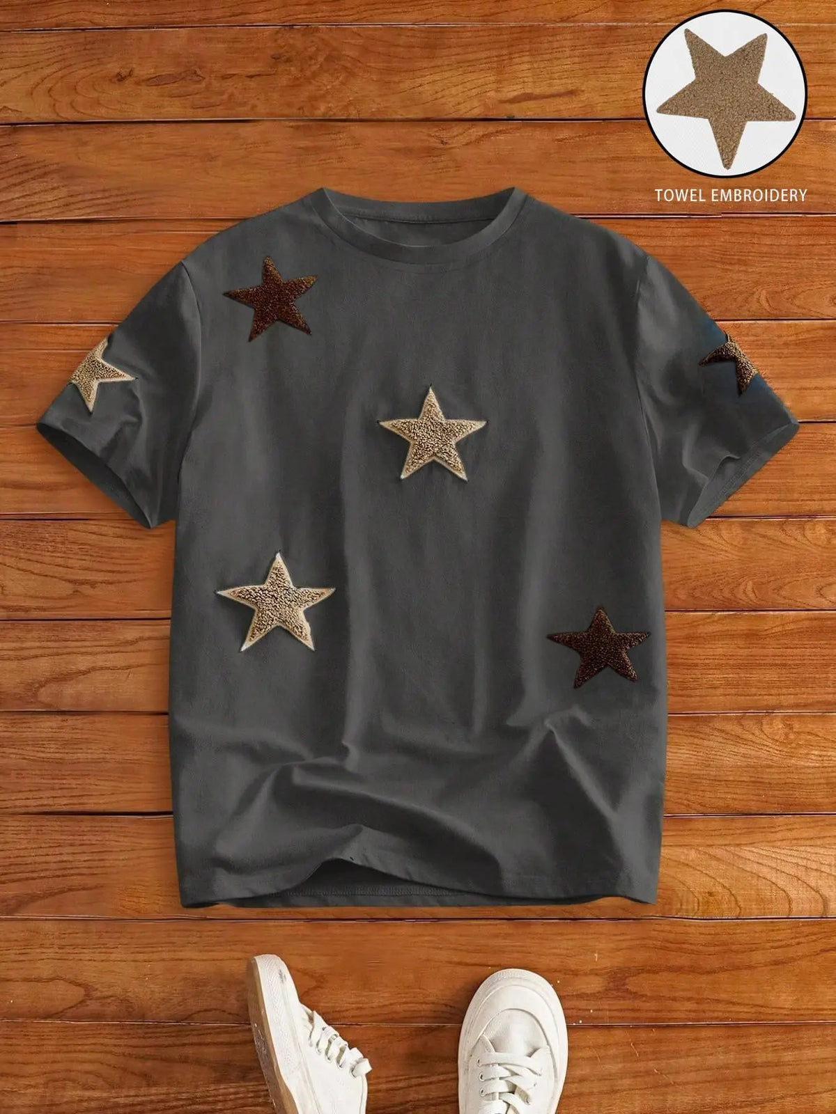 Men's Street Style Star Chenille Embroidery Patch Textured Short Sleeve T-Shirt, Casual Daily Wear, Anniversary Gift, Streetwear Menswear