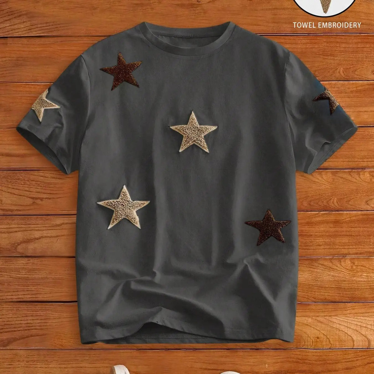 Men's Street Style Star Chenille Embroidery Patch Textured Short Sleeve T-Shirt, Casual Daily Wear, Anniversary Gift, Streetwear Menswear