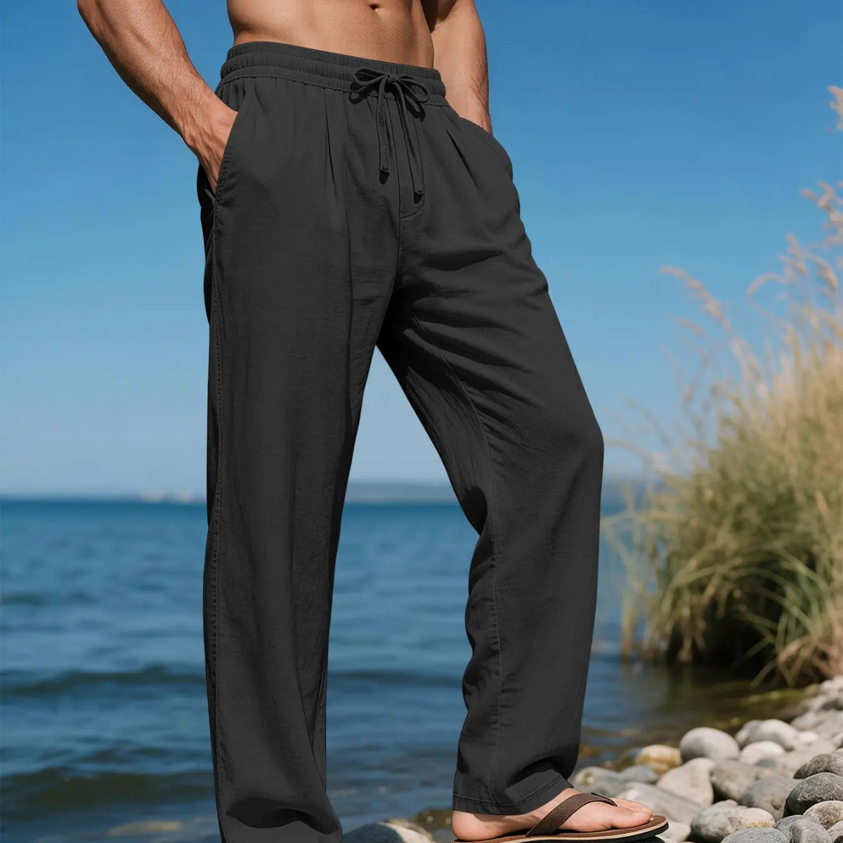 Men's Linen Long Plain Casual Drawstring Waist Trousers Pants, Breathable Tropical Summer Wear, Perfect for Beach, Travel and Commute, Fashionable Bottoms for Men, Casual Comfy Trousers