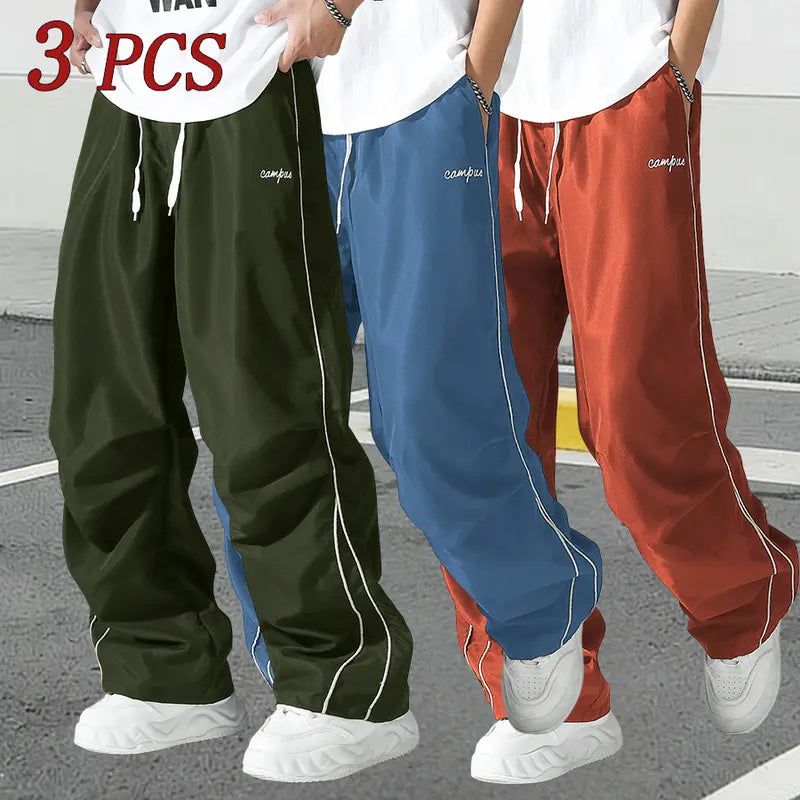Men's Relaxed Fit Summer Woven Pants - Menswear Sportswear, Lightweight Athletic Fabric, Straight Leg with White Side Stripes, Non-Stretch, Machine Washable 100% Polyester Outdoor Trousers#SummerVibes