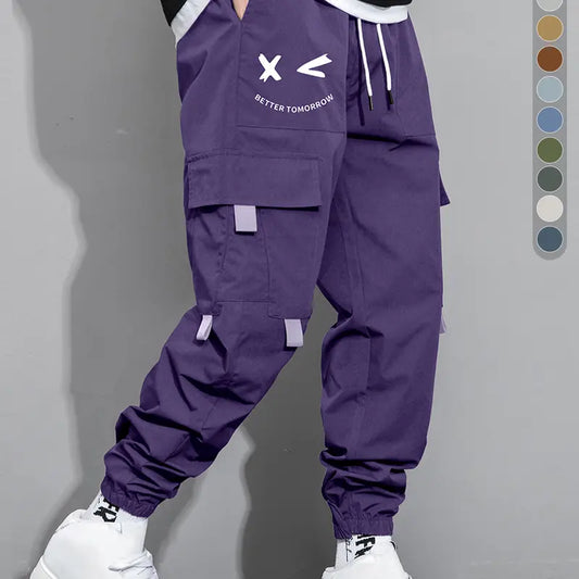sweats Men's multi-colored work pants with an elastic waistband, loose fit, and multiple pockets, featuring side letter prints, suitable for street style and everyday wear.work pants for men  Casual Jogger Menswear Stylish mens pants  Trouser