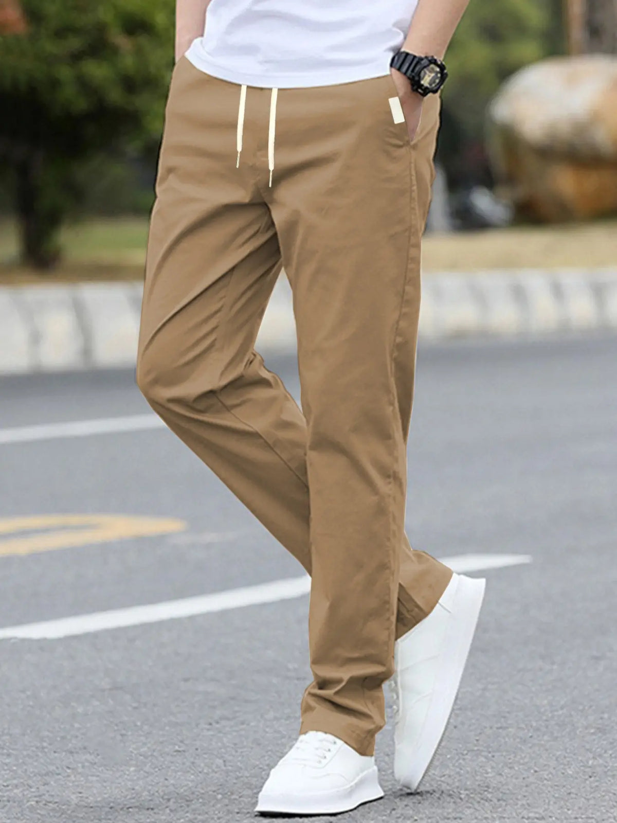 Men's Solid Color Drawstring Waist Pants with Side Pockets, Adjustable Waist Trousers, Casual Fitted Trousers for All Seasons, Comfortable Everyday Wear, Casual Elastic Waist, Casual Comfy Fit