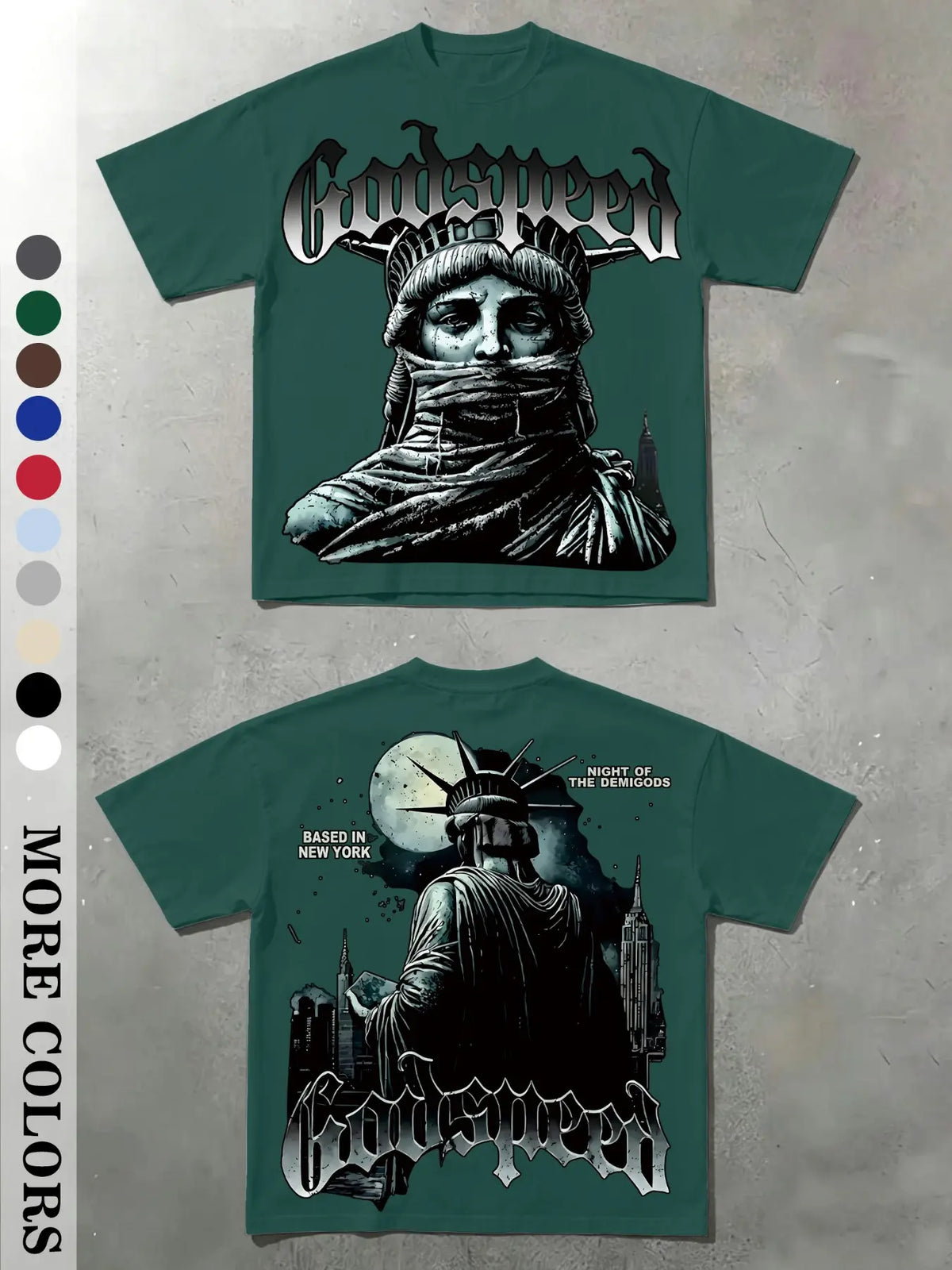 Men's Vintage Masked Statue of Liberty Print T-Shirt, Godspeed Gothic Letter, Casual Fitted Long Sleeve, Plain Surface Graphic Design Aesthetic, Streetwear Tops