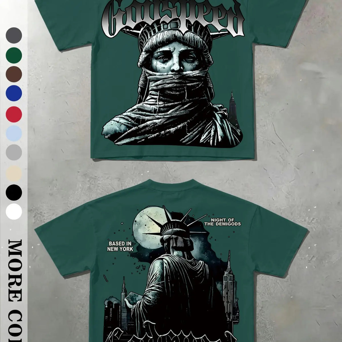 Men's Vintage Masked Statue of Liberty Print T-Shirt, Godspeed Gothic Letter, Casual Fitted Long Sleeve, Plain Surface Graphic Design Aesthetic, Streetwear Tops